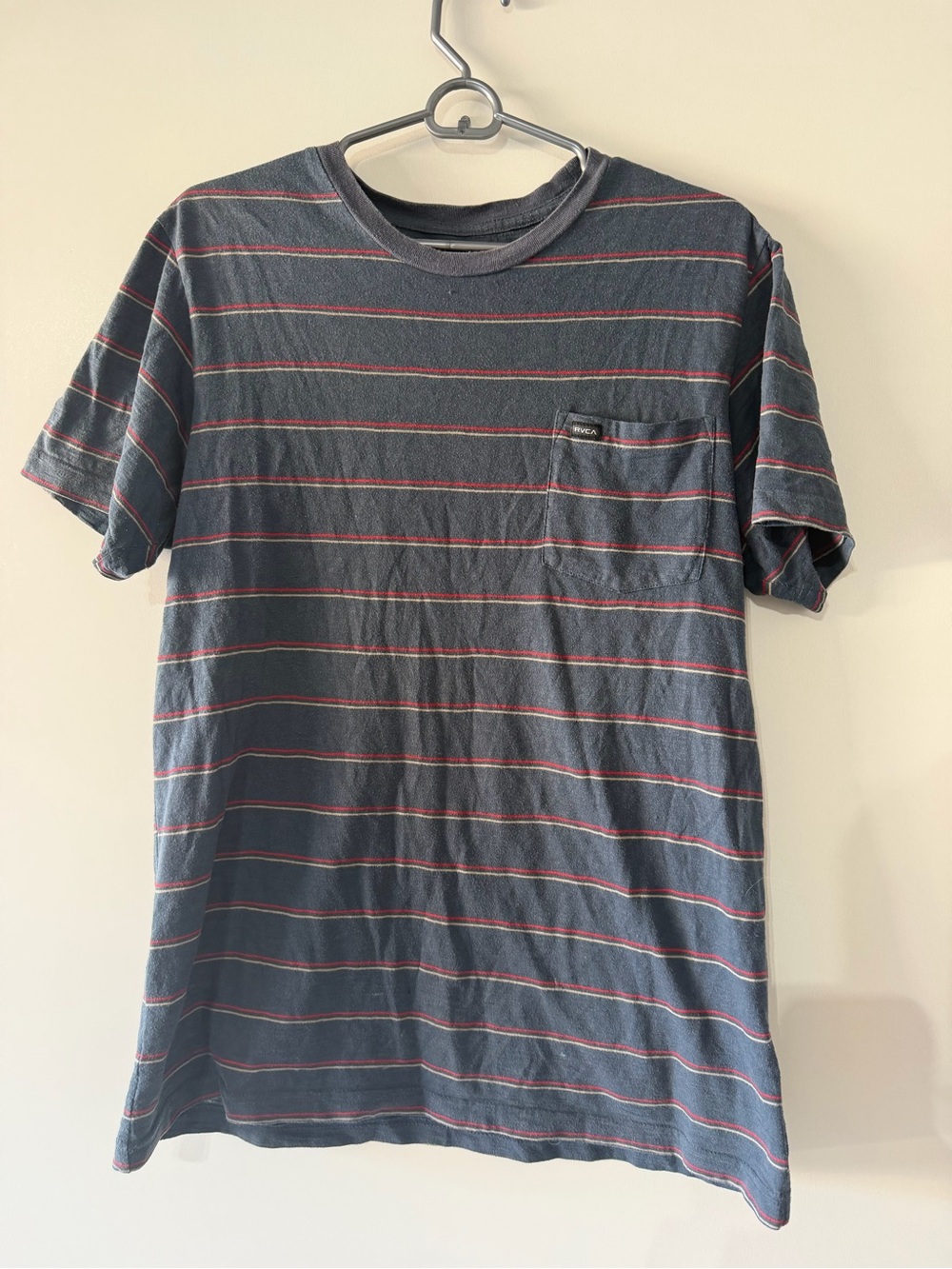 RVCA Navy Short Sleeve Stripe Pocket Tee with Red Pinstripes